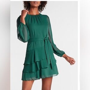 Green Long-Sleeve Tiered Ruffle Dress